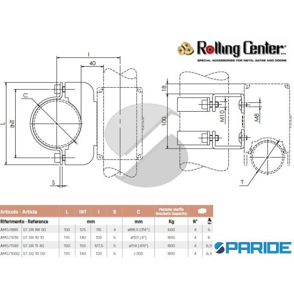 COPPIA STAFFE FISSAGGIO D 101.6 MM AMS101R PER RUOTA AMERICA ROLLING CENTER