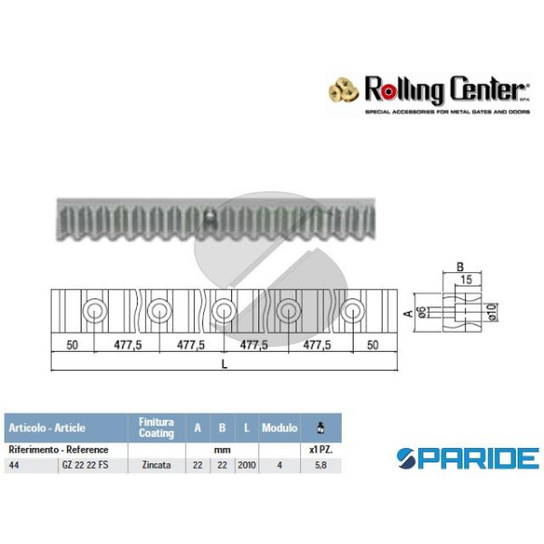 CREMAGLIERA 22X22 ZINCATA MT 2 CON FORI 44 ROLLING...