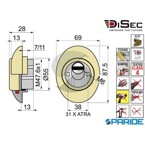 DEFENDER MAGNETICO 3G DIAMOND DISEC 3GD2STB25D1A2 OTTONE LUCIDO H 25 MM