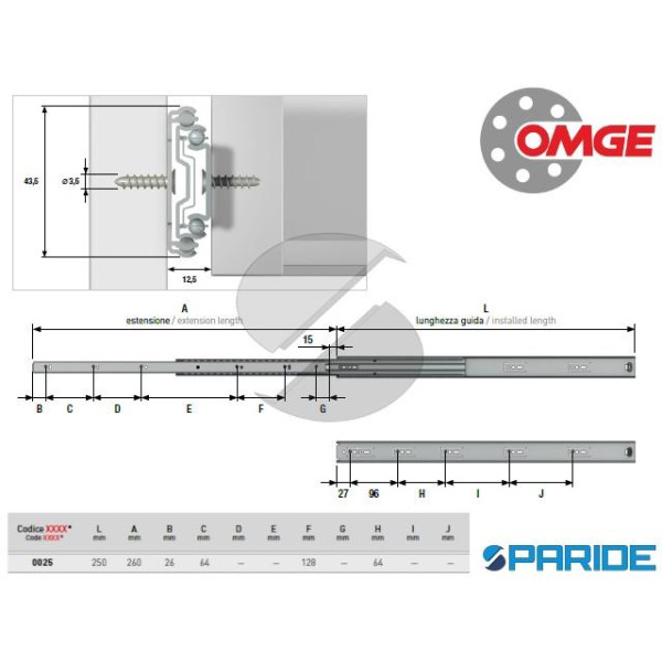 GUIDA PER CASSETTI ZINCATA 825 25 CM OMGE