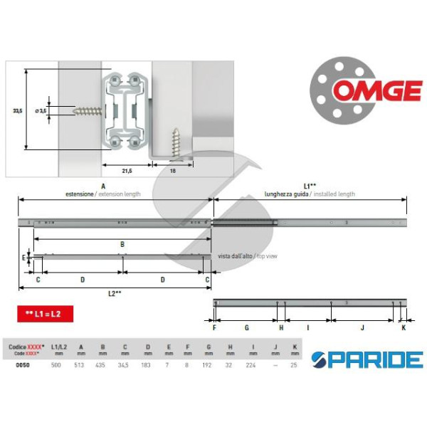 GUIDA PER CASSETTI ZINCATA 860 50 CM OMGE