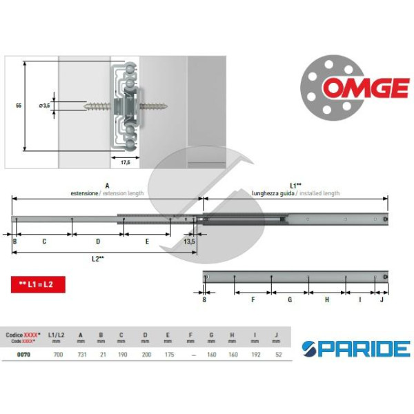 GUIDE PER CASSETTI ZINCATA 835 70 CM OMGE