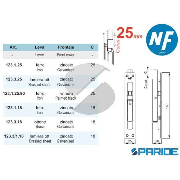 PALETTO INCASSO SINGOLA AZIONE 123.3.25 CON FILETTO 8MA NOVA-FERR FRONTALE ZINCATO