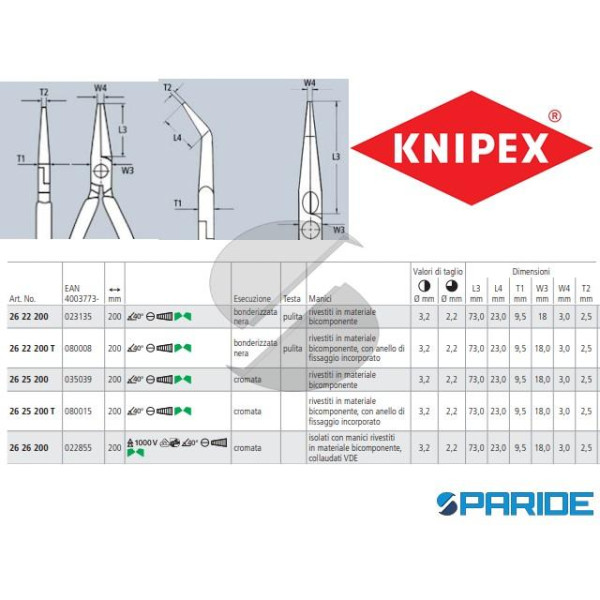 PINZA PER MECCANICA 26 25 200 CON BECCHI LUNGHI MEZZITONDI E TRONCHESE KNIPEX