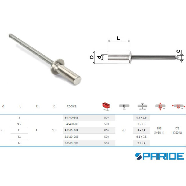 RIVETTO ERMETICO ALLUMINIO 4X9,5 A STRAPPO