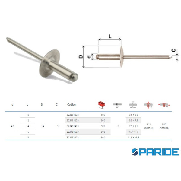 RIVETTO INOX A2 TESTA LARGA 4,8X14X14 A STRAPPO