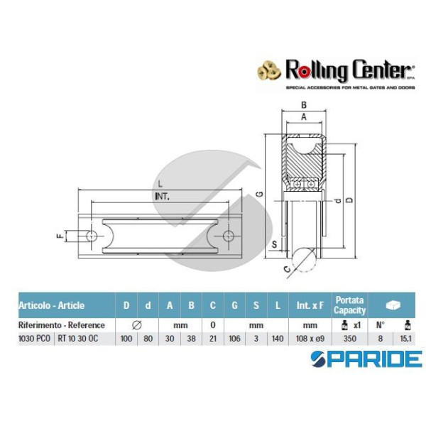 RUOTA GOLA O D 100 1030 PCO 2 CUSCINETTI ROLLING CENTER PER CANCELLO