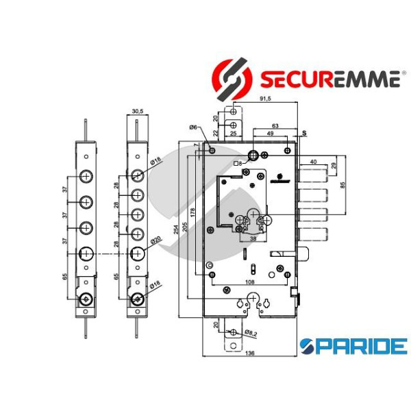 SERRATURA APPLICARE E 67 I37 SP6 DX 254 TRIPLCE DOPPIO CILINDRO 2541DCR0637CXX SECUREMME