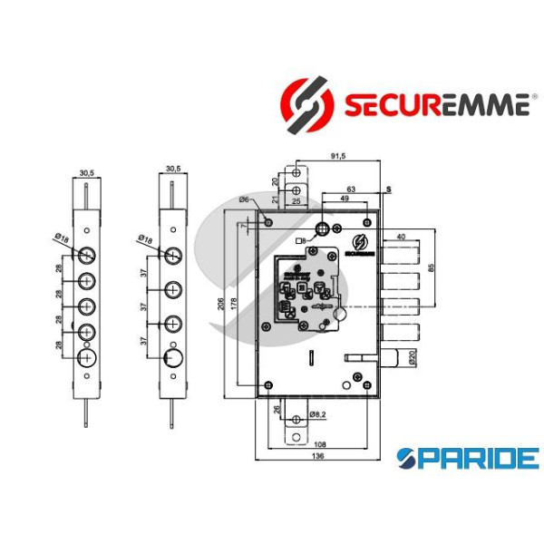 SERRATURA APPLICARE SECURMAP E 62 I28 SP3 DX 250 TRIPLICE 5+1 CH 2501DCR0328S57 SECUREMME