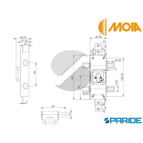 SERRATURA APPLICARE TRIPLICE DX E 30 253 MOIA PER PORTONCINO E SCURETTO CILINDRO EUROPEO