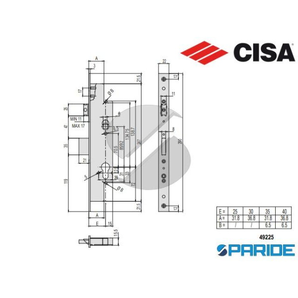 SERRATURA INFILARE E 30 49225 RC CISA MULTITOP PRO MONTANTE AD INGRANAGGI