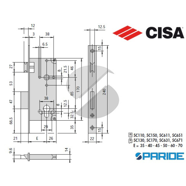 SERRATURA INFILARE E 70 5C130 CISA B TONDO CILINDRO