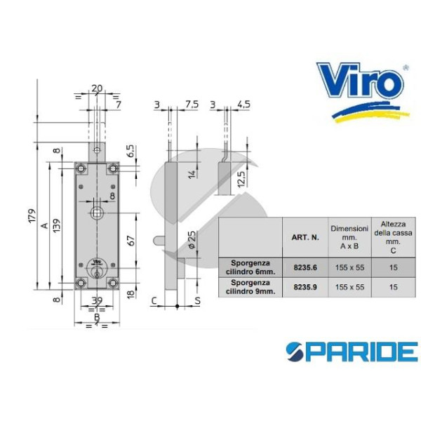 SERRATURA PER PORTE BASCULANTI 8235.9 VIRO CON CHIAVE A PROFILO SIMMETRICO