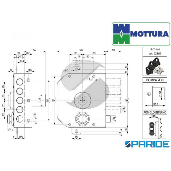 SERRATURA TRIPLICE L 50 30621VS50XE SX MOTTURA CON CILINDRO POMPA E POMOLO