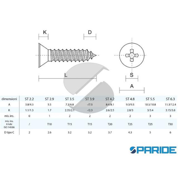 VITE AUTOFILETTANTE TPS INOX 2,9X13 MM DIN 7982 ISO 7050 UNI 6955